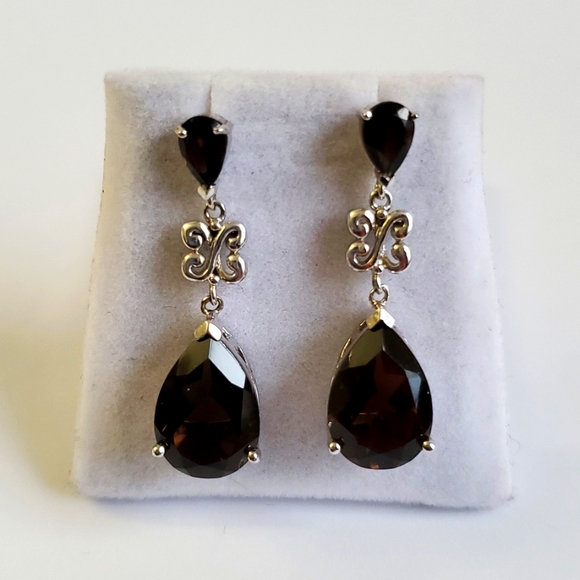 Sterling Silver 925 Onyx Quartz Dangle Earrings - Picture 4 of 7
